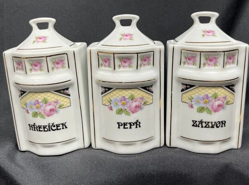 Vintage Czechoslovakia Porcelain Spice Canisters Set Of (3) Pre Owned