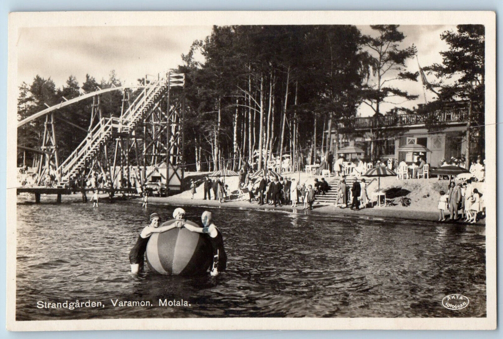 Strandgården Sweden Postcard Varamon Motala Slide Beach View c1930\'s RPPC Photo