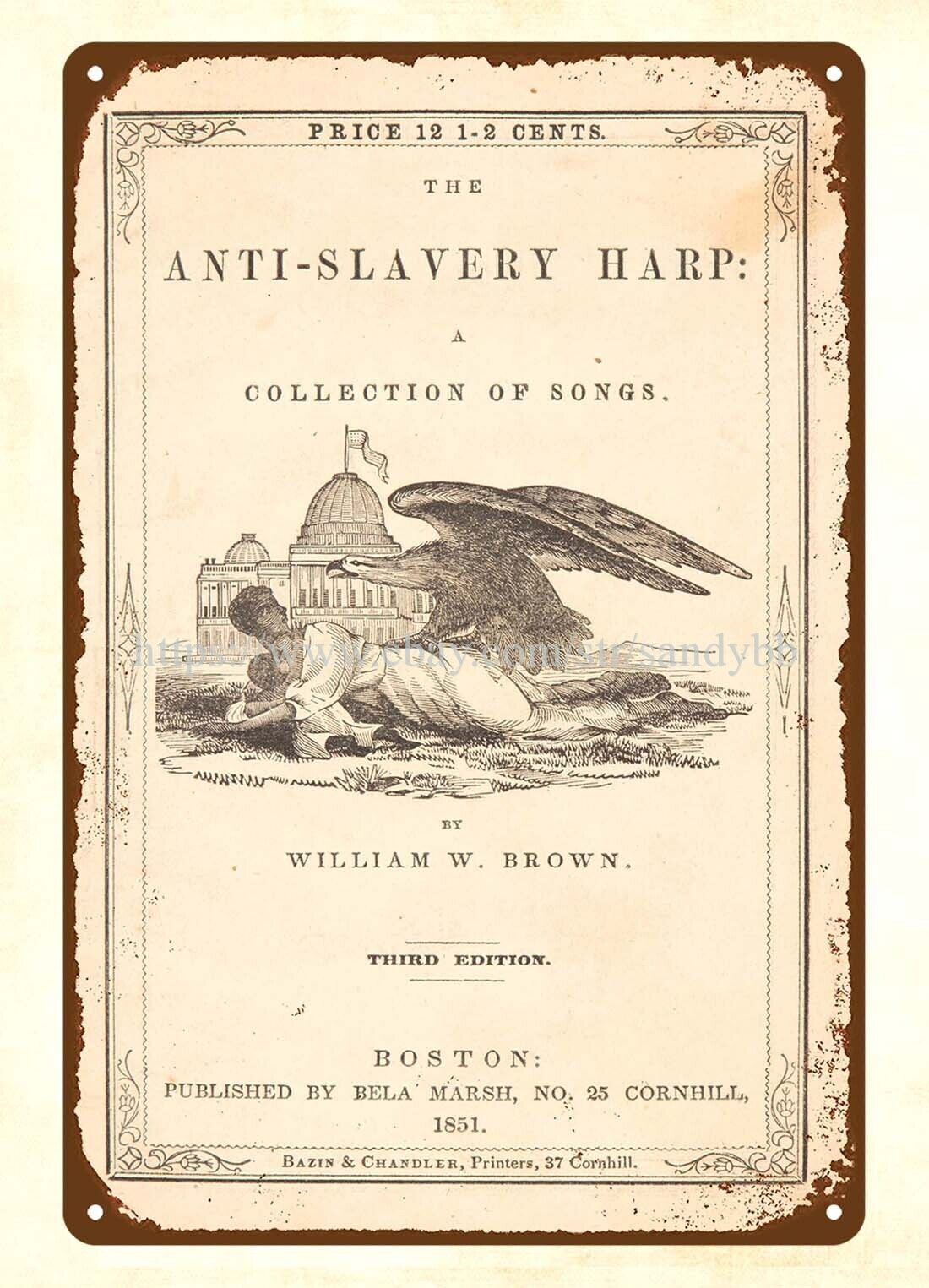 1851 The Anti-Slavery Harp song book cover metal tin sign shop wall decor