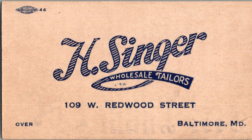 H. Singer Wholesale Tailors in Baltimore Maryland 1920s Business Trade Card Ad