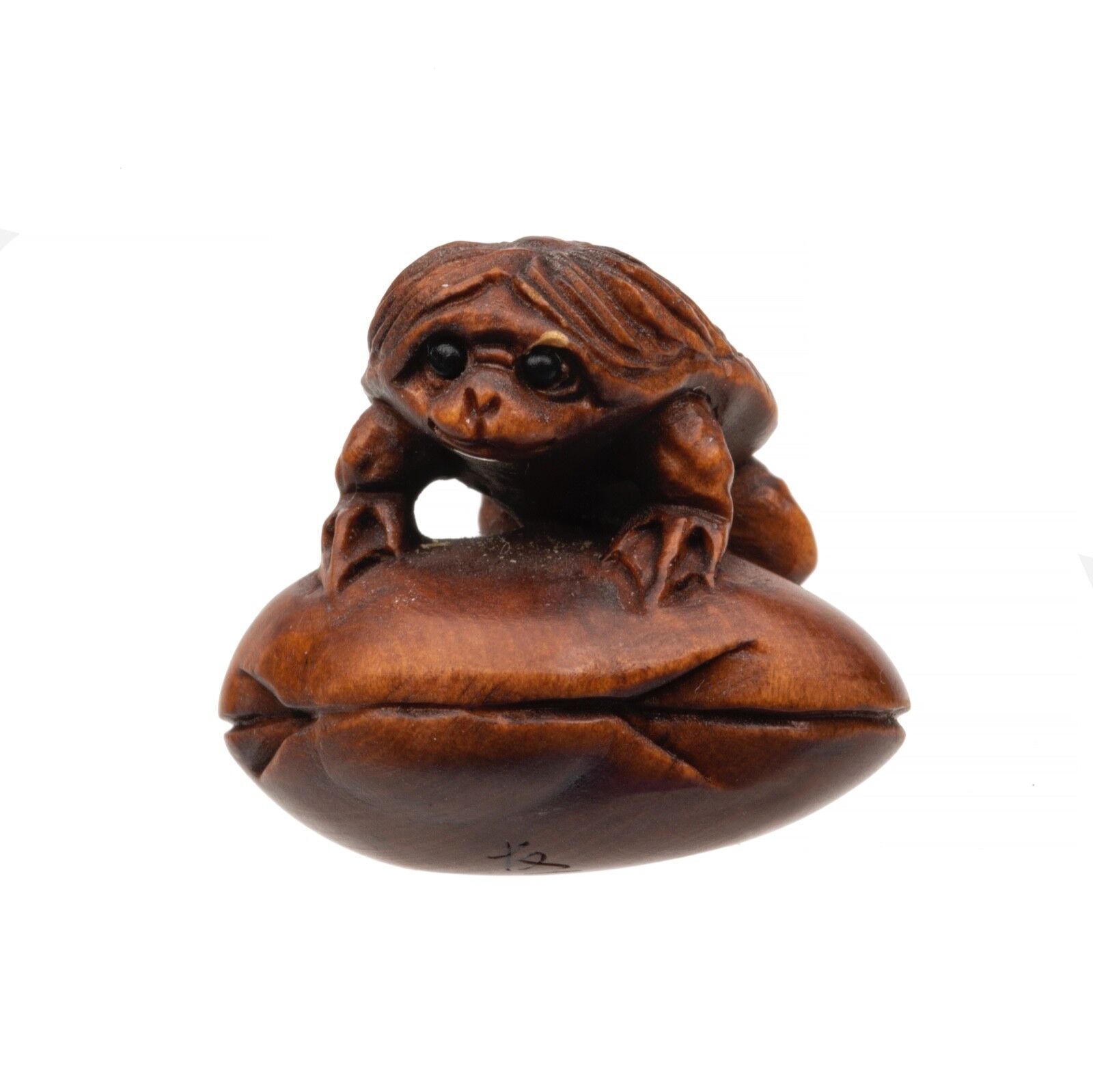 A Japanese  Inlaid Signed Wooden Carved Ojime Bead Of A Turtle