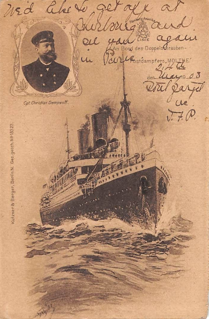 SS MOLTKE & CAPTAIN DEMPWOFF, HAMBURG AMERICA SHIP ~ used Sea Post Cancel 1903