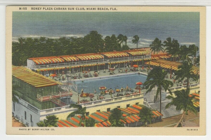 FL Postcard Roney Plaza Cabana Sun Club Miami Beach c1930s Curt Tiech Linen B19