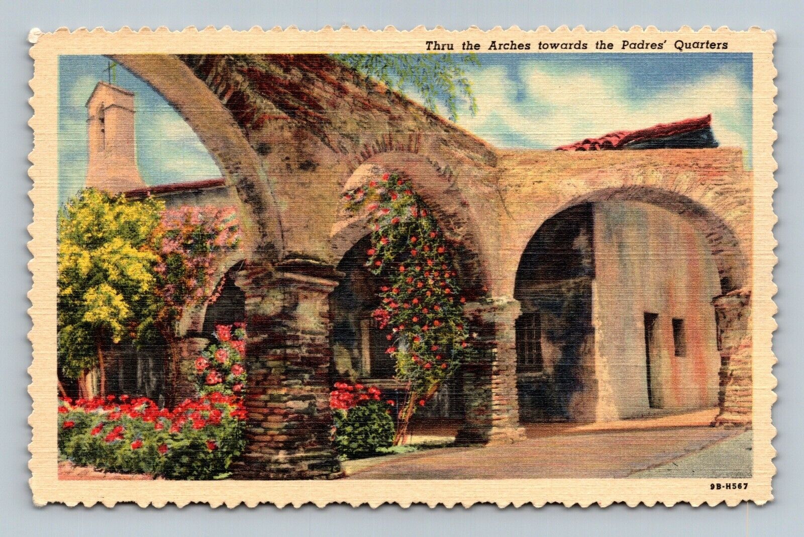 San Juan California Thru The Arches Towards Padres Quarters Linen Postcard