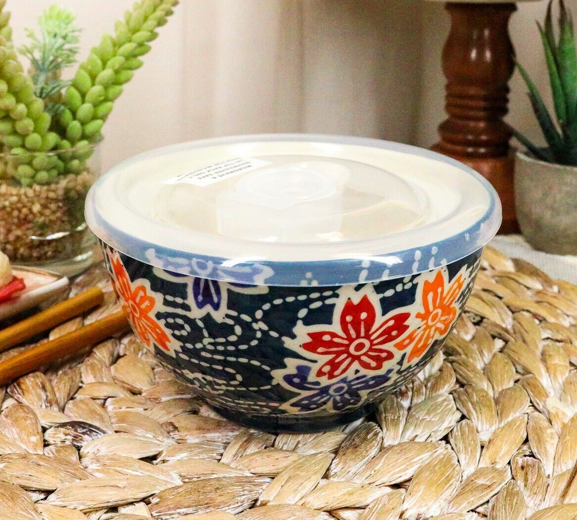 Ebros Set of 2 Ceramic Blue Cherry Blossoms Portion Meal Bowls 2 Cups W/ Lid