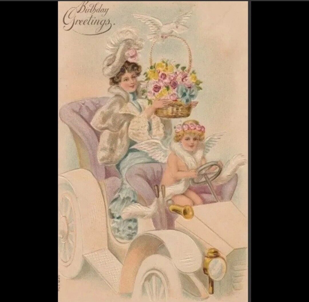 1909 Victorian Postcard Birthday Greetings #274  Original Women Pink Car Flowers