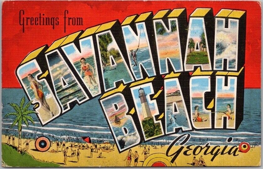 SAVANNAH BEACH, Georgia Large Letter Postcard Bathing Beach Scene / Kropp Linen
