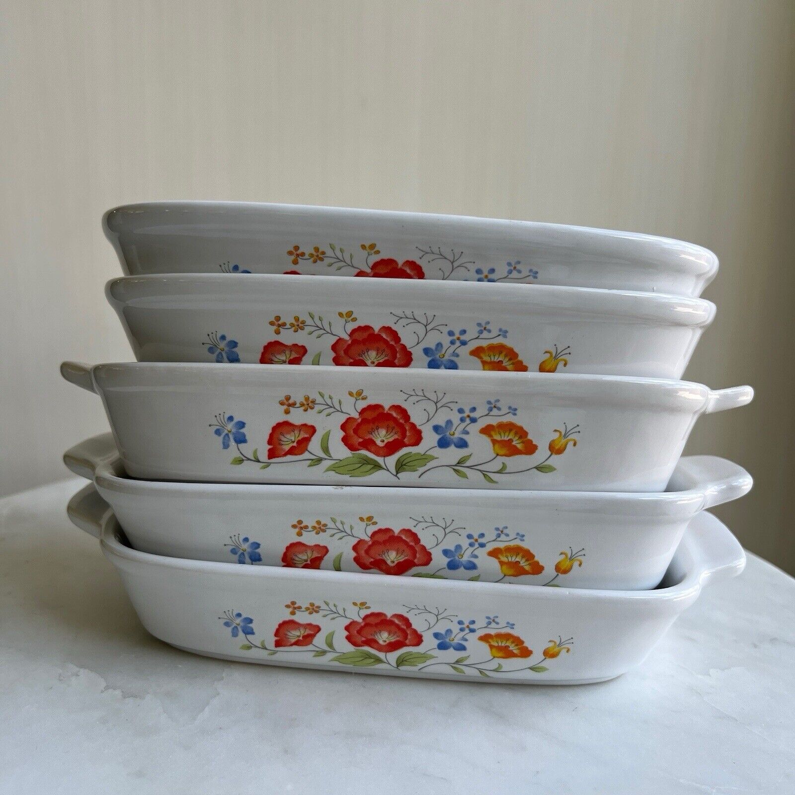 Set Of 5 Vintage Caserole Japan Oven Proof Small Baking Dishes Bright Colors