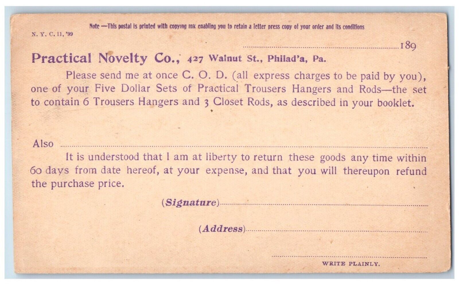 c1880\'s Send me at Once C.O.D. Practical Novelty Co. Philadelphia PA Postal Card