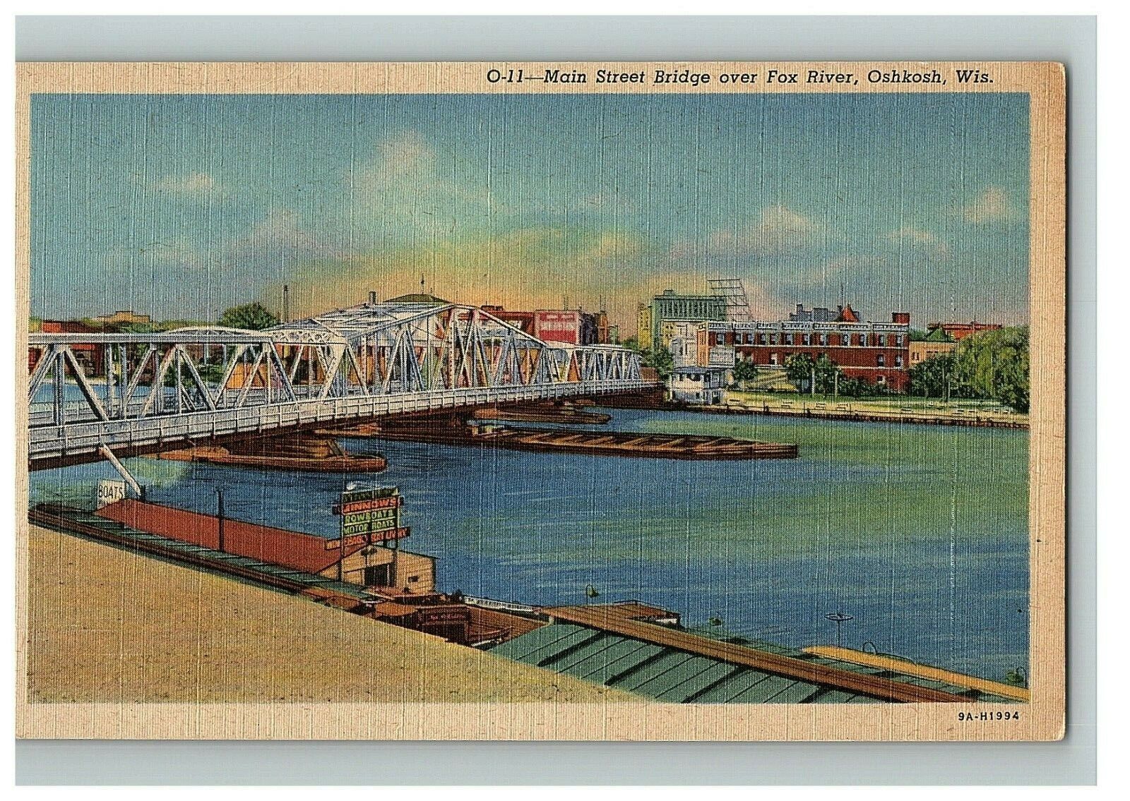 1939 Main Street Bridge Over Fox River Oshkosh Wisconsin Postcard Linen C Teich 