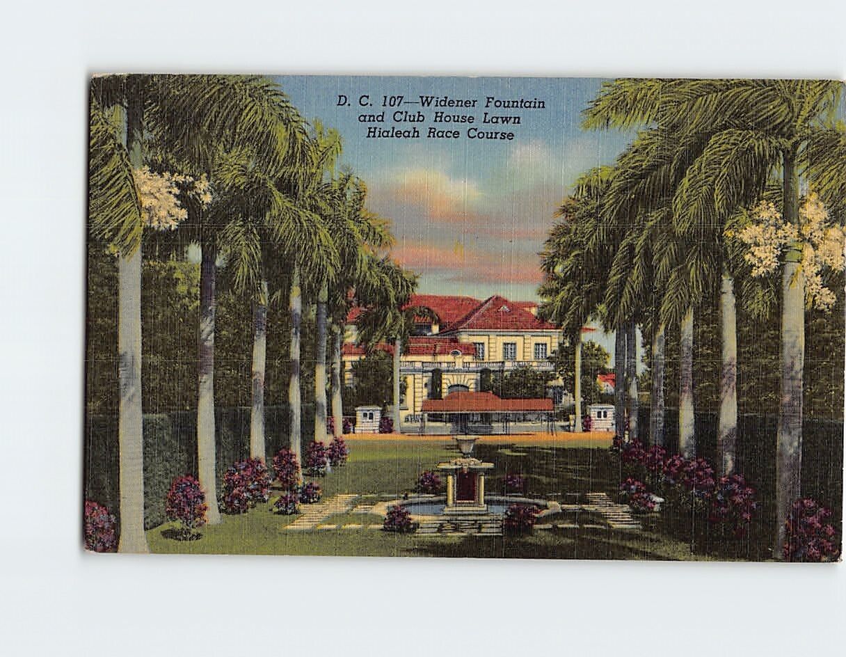 Postcard Widener Fountain and Club House Lawn Hialeah Race Course Miami Florida