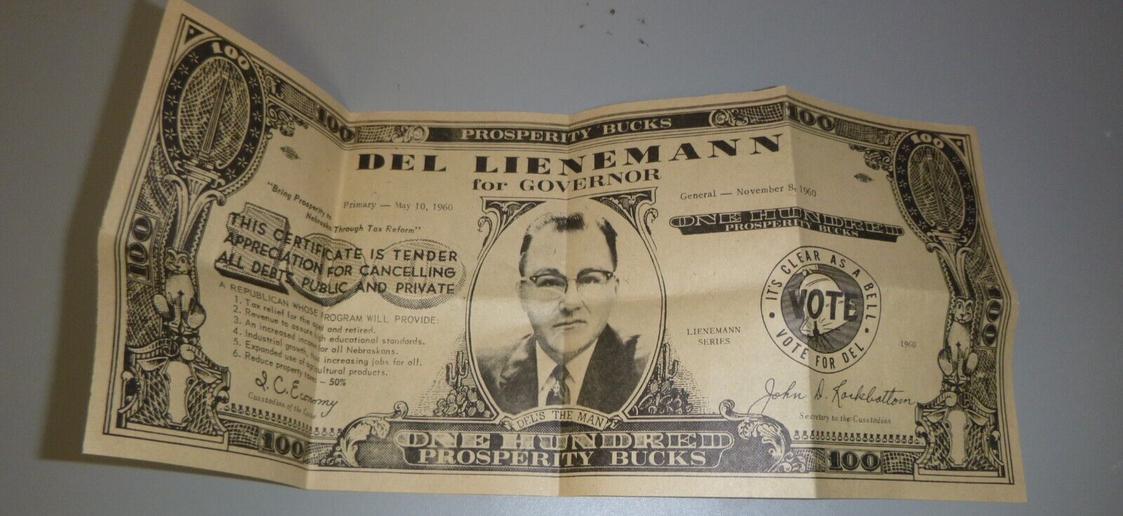 1960 Del Lienemann Republican For Governor Nebraska - Large Size Faux $100 Bill