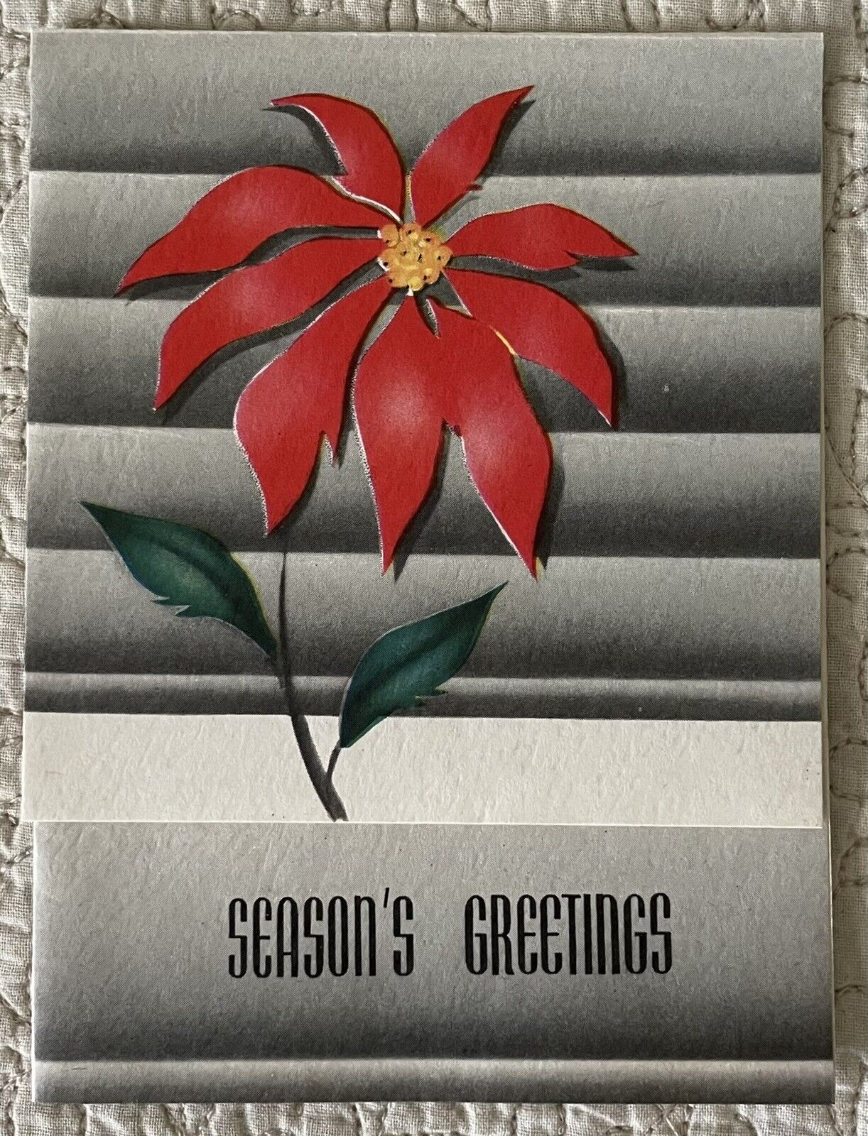 Unused Christmas Poinsettia Gray Lines Art Deco Vintage Greeting Card 1930s 1940