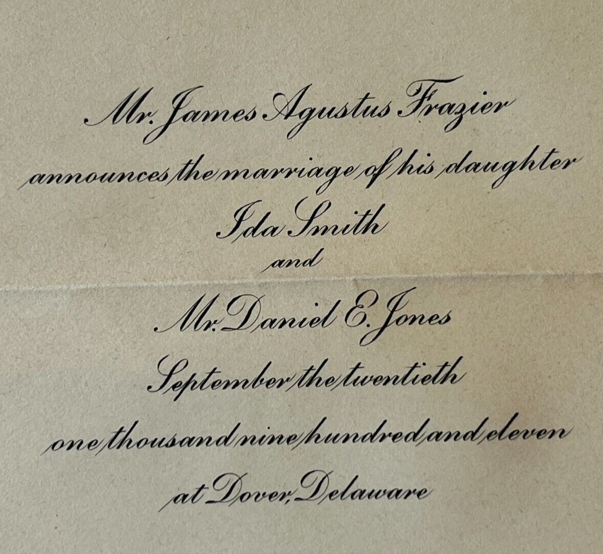 Dover Delaware Wedding Invitation Ida Smith Frazier to Daniel E. Jones 1911