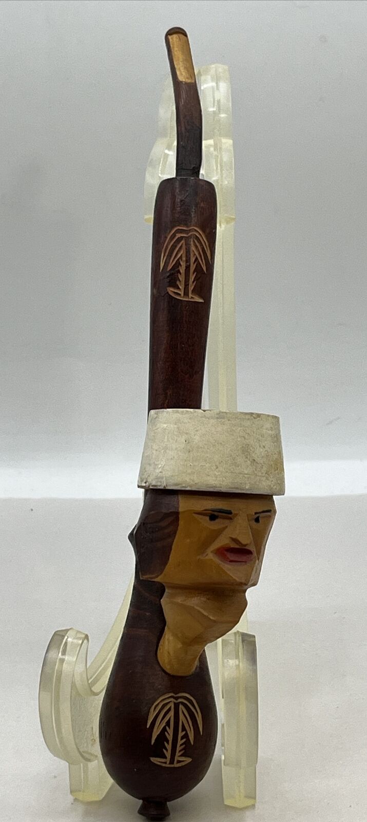 Handcrafted Carved Wood Folk Art Face Smoking Pipe W/ Carburetors Palm Trees