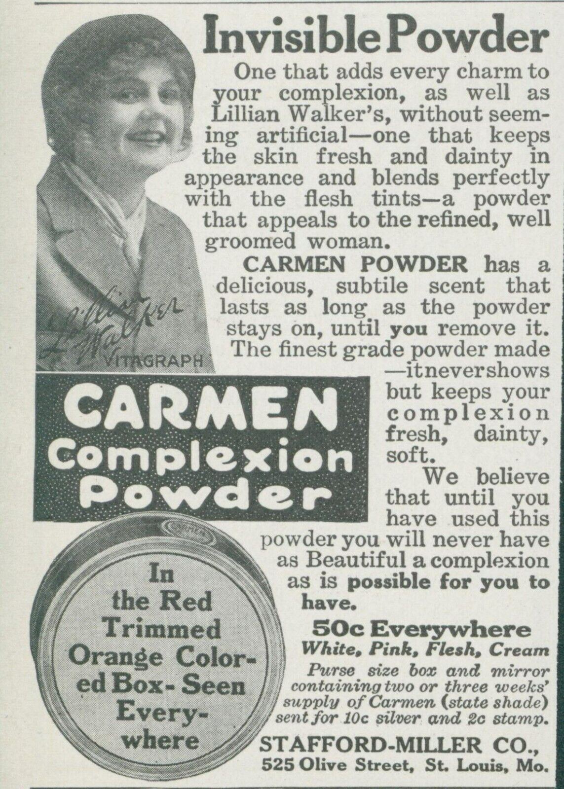 1915 Carmen Complexion Powder Subtle Scent Lillian Walker Vintage Print Ad CO1