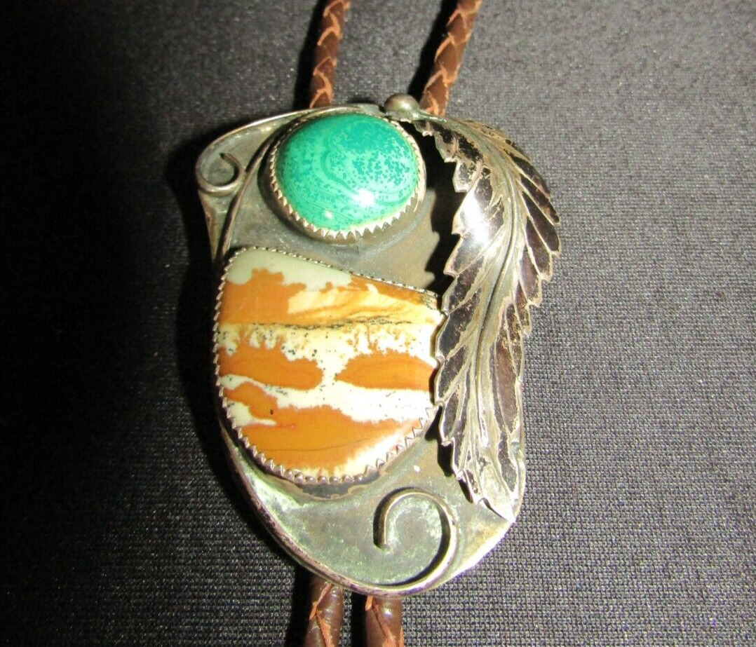 Silver Bolo Tie Lloyd Notah Jasper Malachite 1970s Navajo Brown Leather