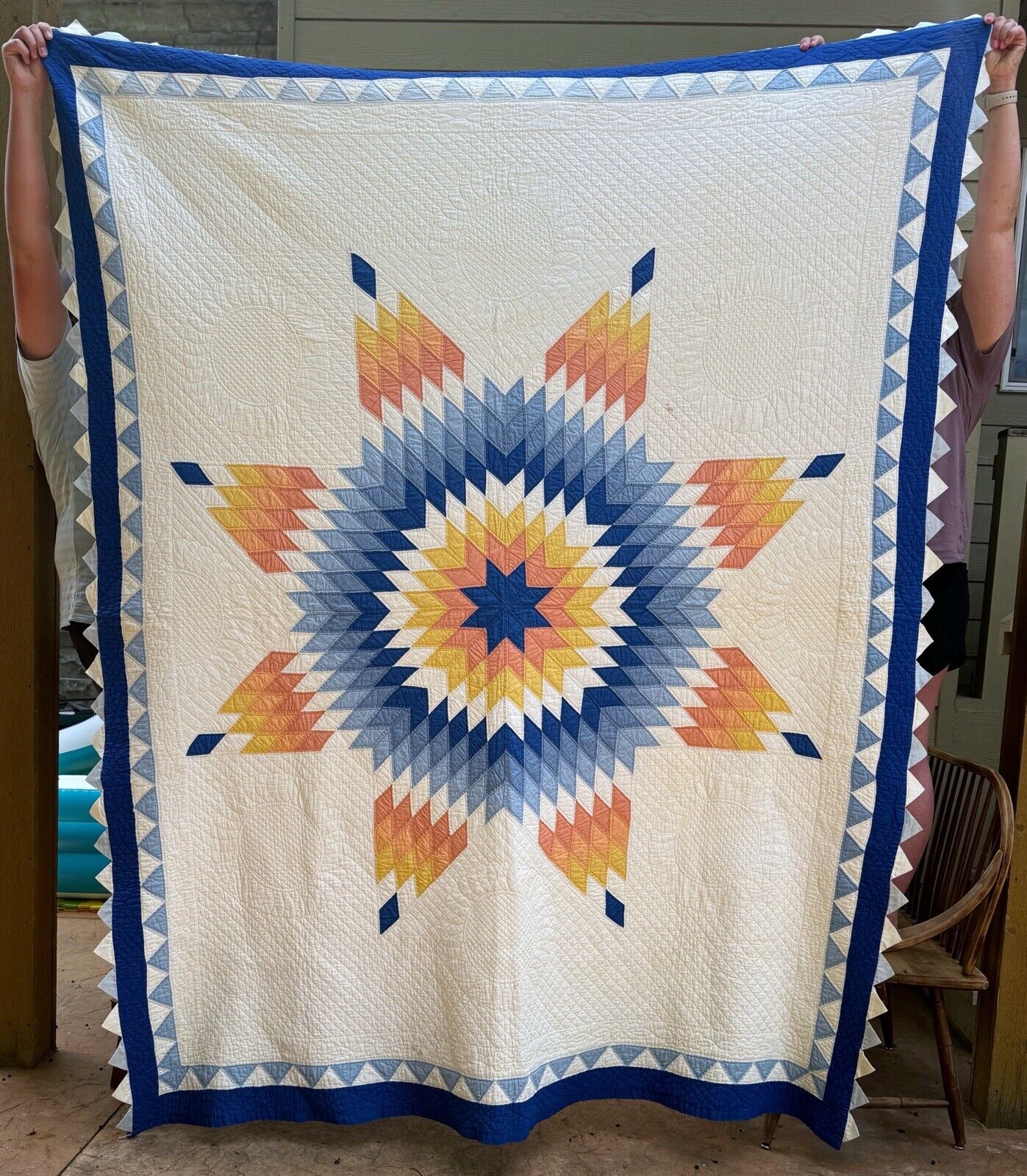 Expertly Hand Stitched Vintage Lone Star Quilt Blue Peach White Yellow 74