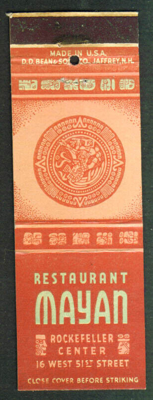 Mayan Restaurant Rockefeller Center NYC matchcover 1950s