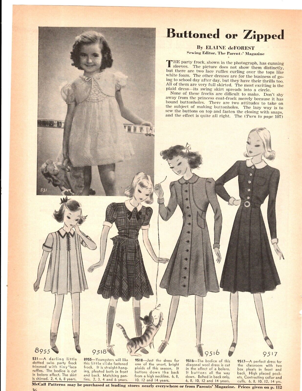 1937 Print Ad McCall\'s Patterns Buttoned or Zipped  Girl\'s Dresses Illustrations