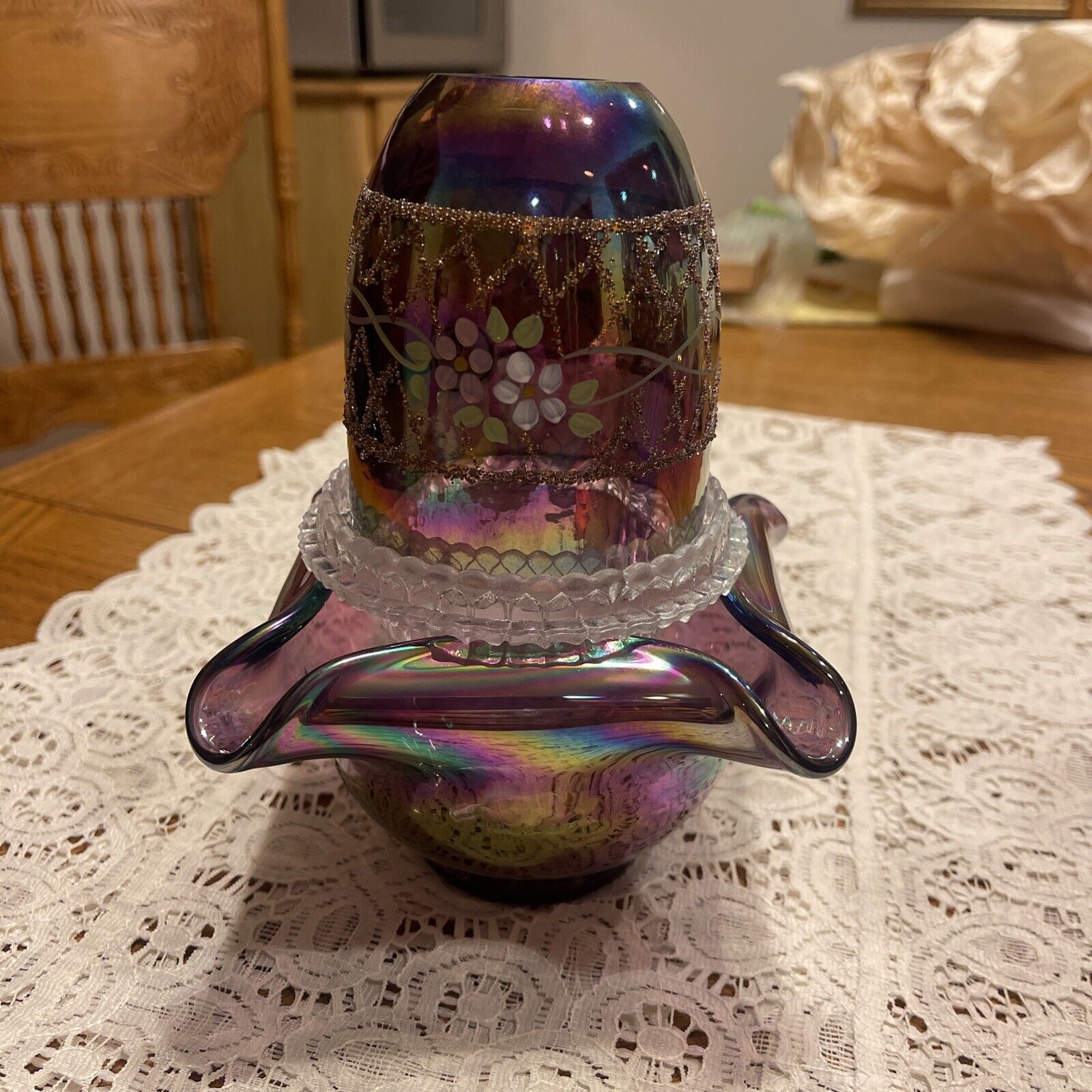 Fenton Purple Iridescent Carnival 3 Piece Fairy Lamp - New - Beautiful