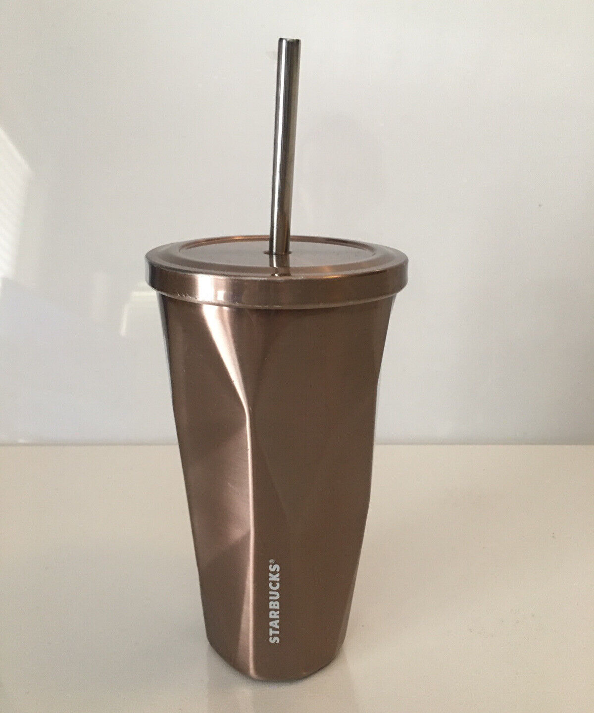 STARBUCKS 2012 Chiseled Rose Gold Stainless Steel Tumbler Cold Cup w/ Straw 16oz