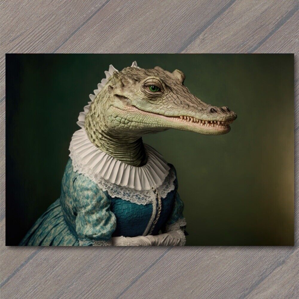 POSTCARD Victorian Crocodile Elegance in a Vintage Dress Gator Regal Fun Weird