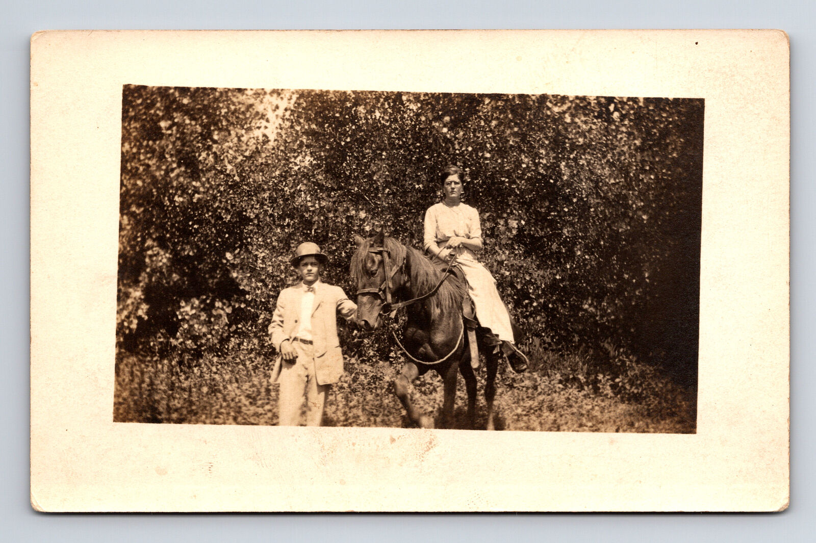 RPPC Man Poses with Woman Riding Horse Real Photo Postcard