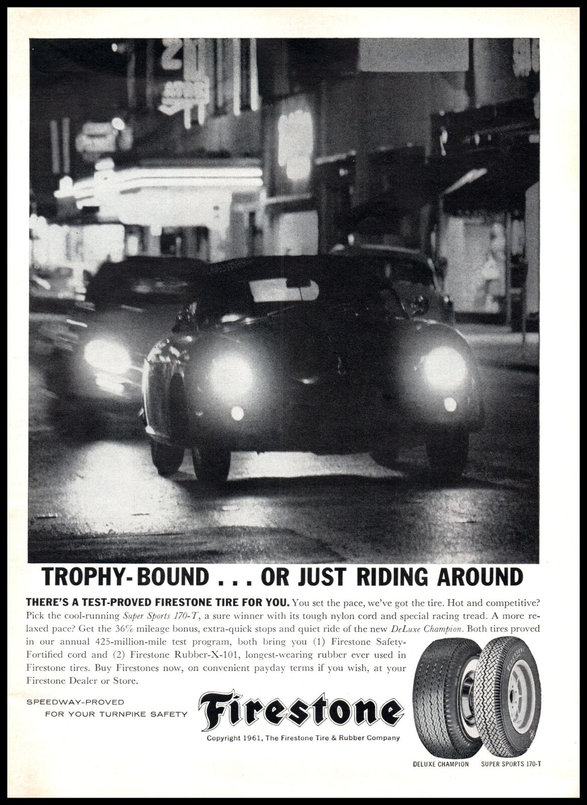 1961 Firestone Tires Vintage Print Ad Porsche 356 City Street at Night Wall Art