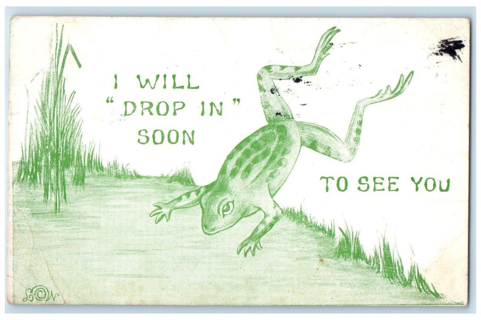 1911 I Will Drop In Soon Frog Des Moines Iowa IA Posted Antique Postcard