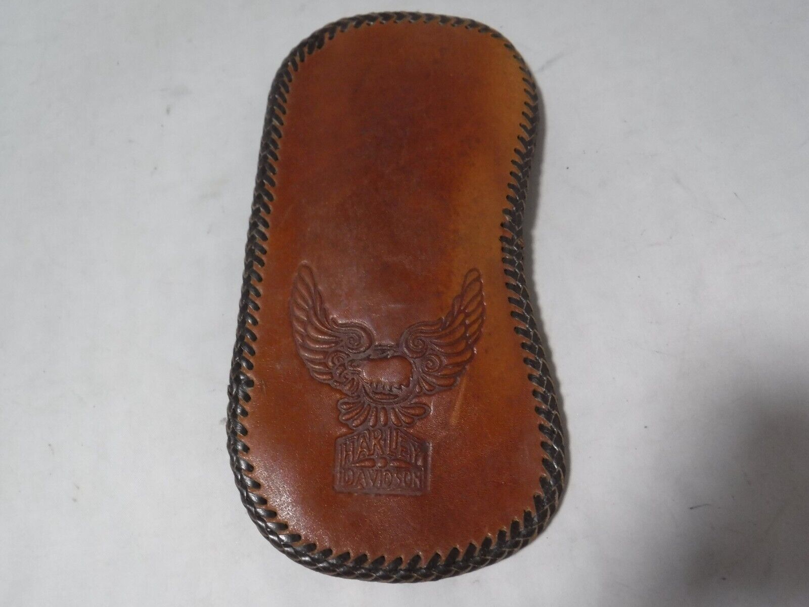 GA5 VTG Brown Leather Tooled Harley Davidson Pocket Clip Eyeglasses Case Holder