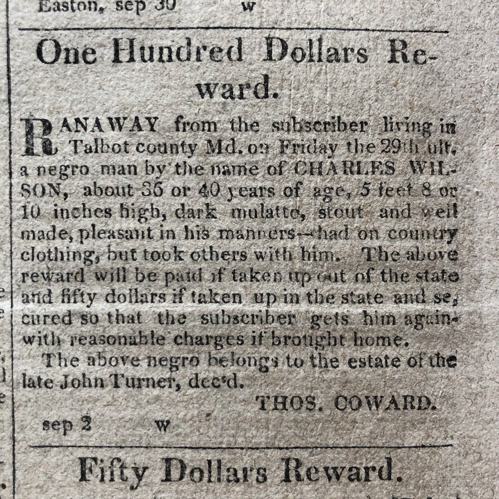 1823 EASTON MARYLAND newspaper MULTIPLE RUNAWAY SLAVE ADS Caroline TALBOT COUNTY
