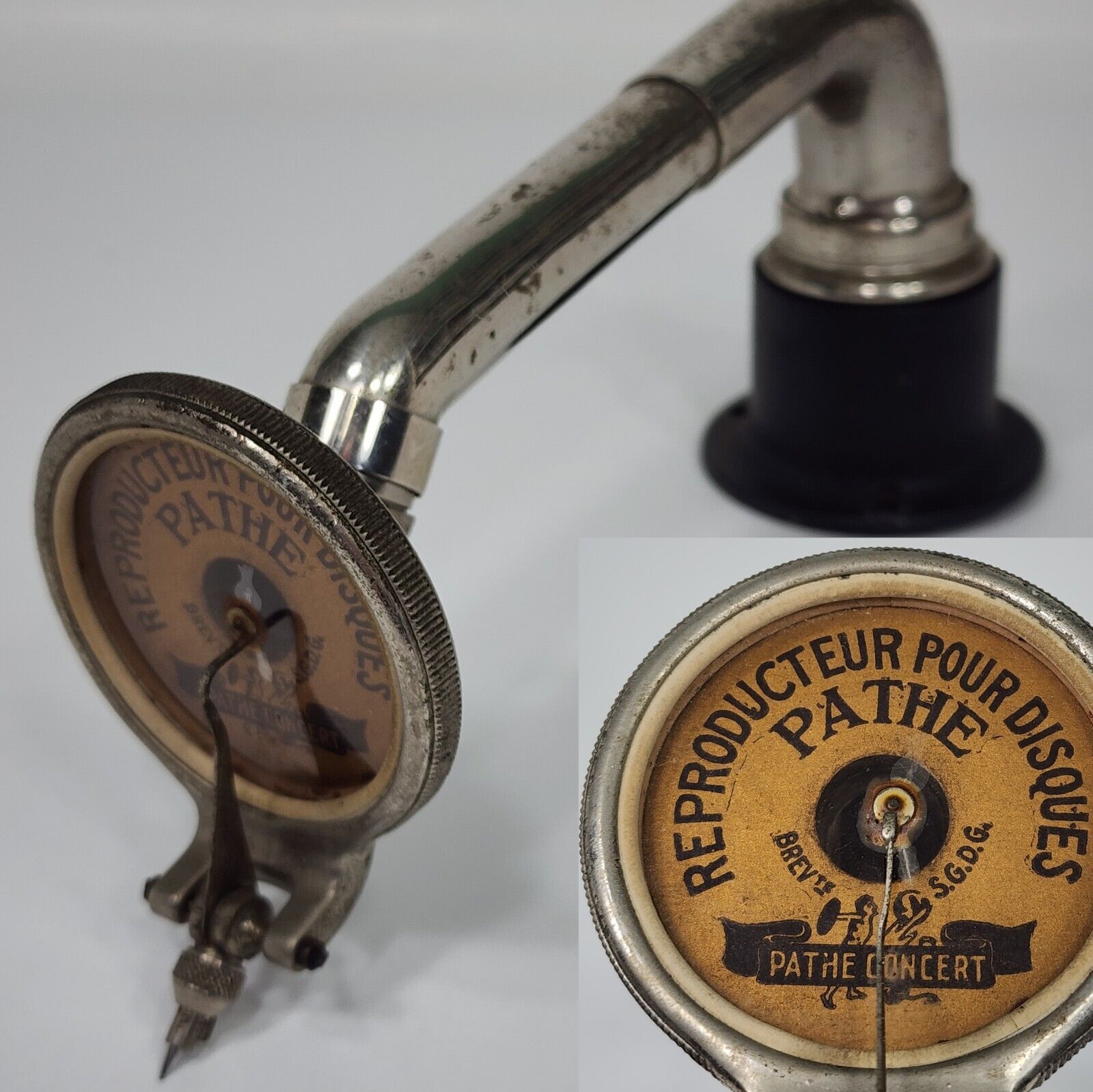 Pathe Concert Phonograph Reproducer Tone Arm Base Parts Vintage Antique