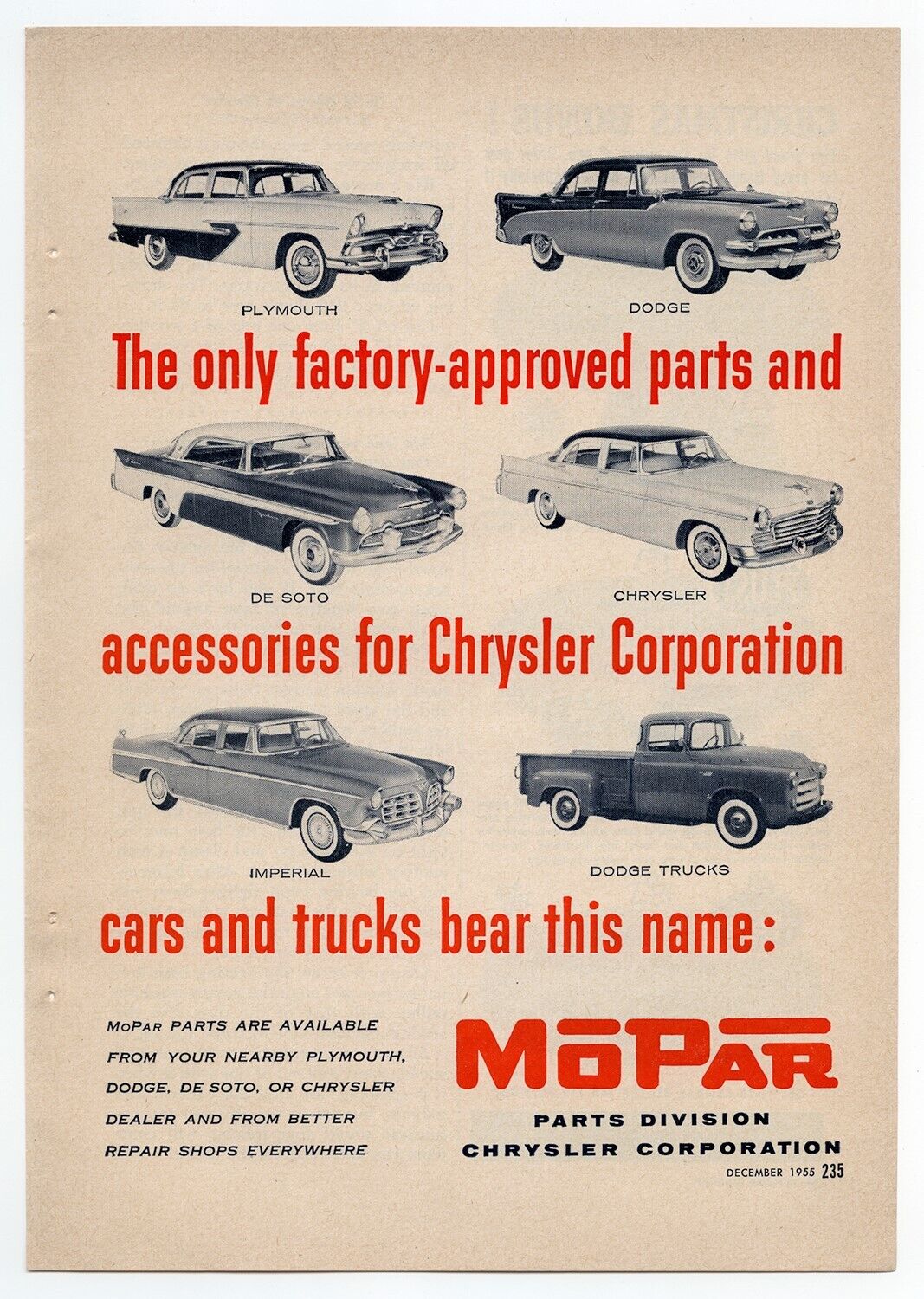1955 Mopar for Chrysler Corp. Parts & Accessories Vintage Magazine Print Ad 