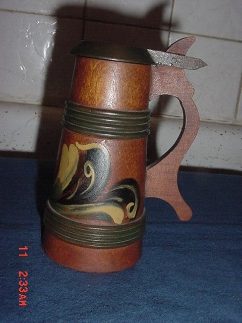 BEAUTIFUL OLD ANTIQUE NORWEGIAN WOOD TOLE PAINTED TANKARD