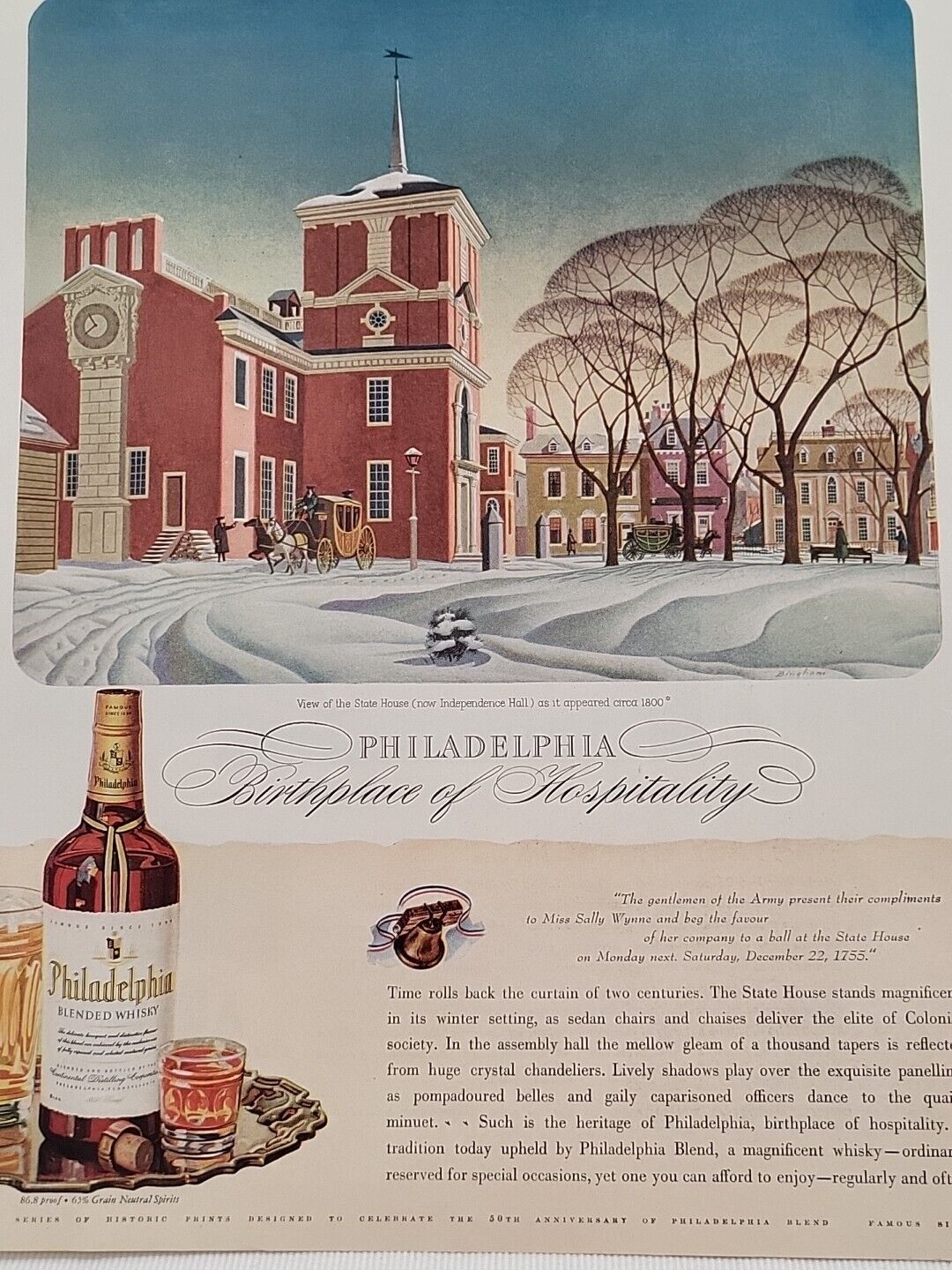 1943 Philadelphia Blended Whiskey  Fortune WW2 Print Ad Snow Hospitality Horse