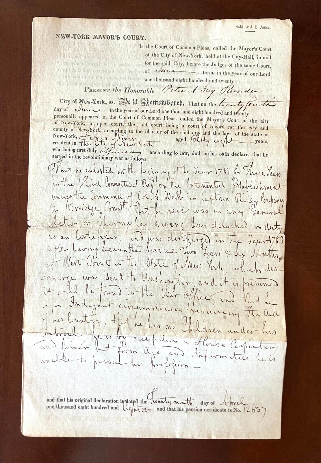 American Revolution Veteran Pension Document with Details of his Service