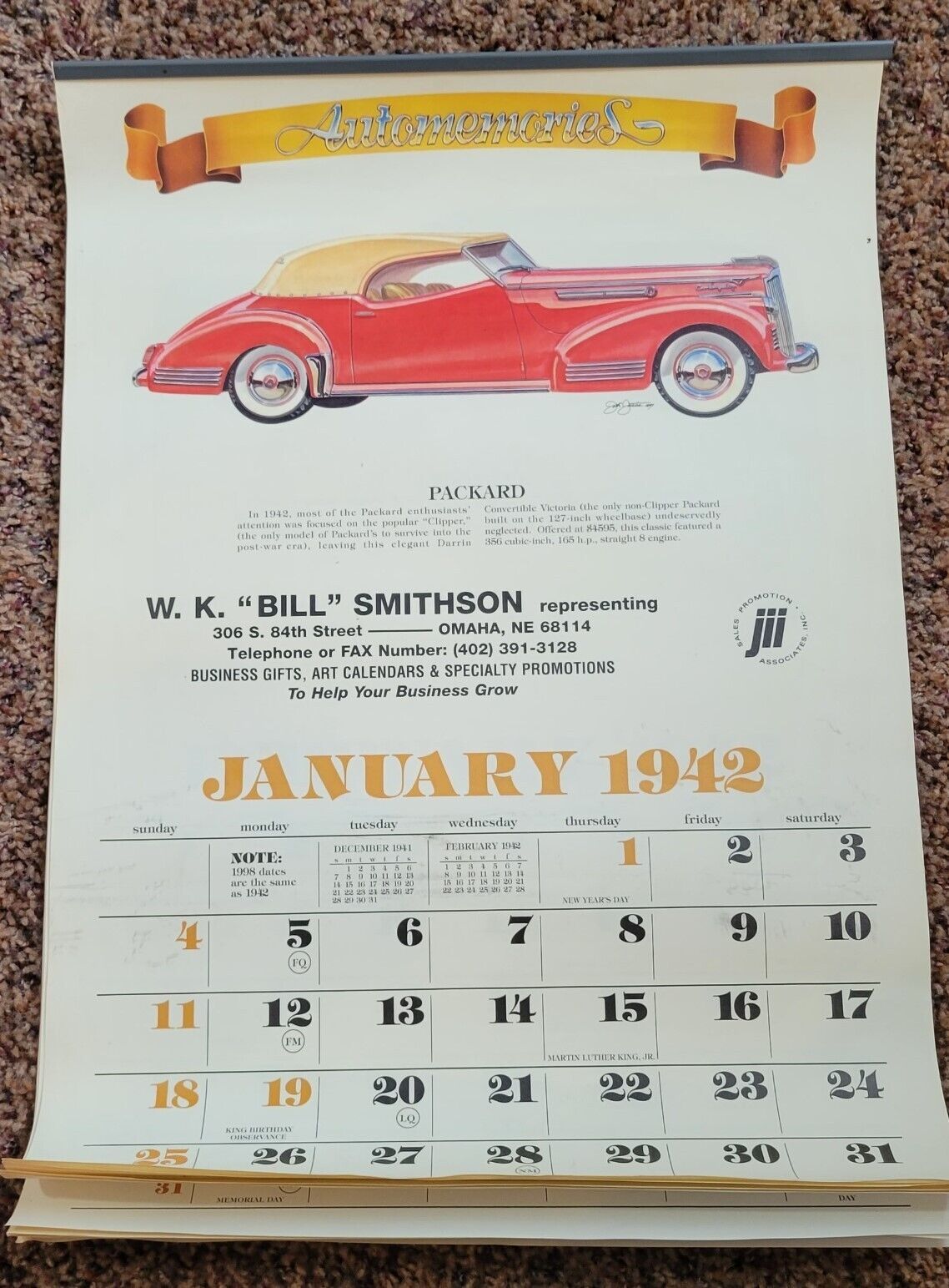 1998 Promotional Calendar Sample Showcasing 1942 Dates and Vehicles