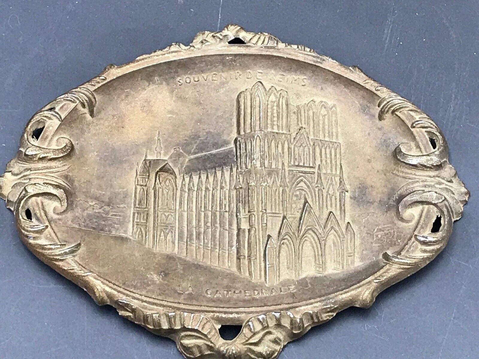 Antique 'Souvenir de Reims La Cathedrale'~Metal Plaque
