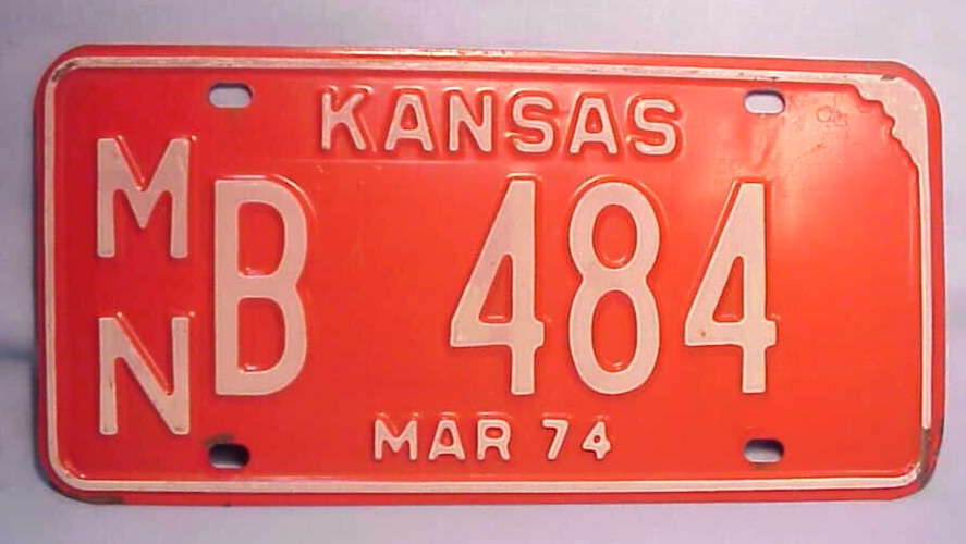 1974 KANSAS LICENSE PLATE B 484 ORIGINAL ORANGE/WHITE EXCELLENT CONDITION