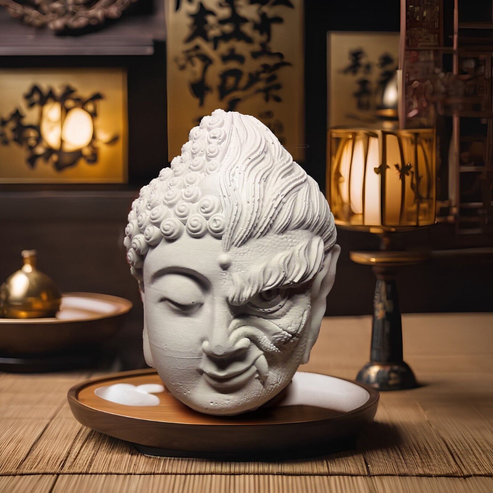 Unique Handcrafted Buddha and Demon Dual-Faced Statue