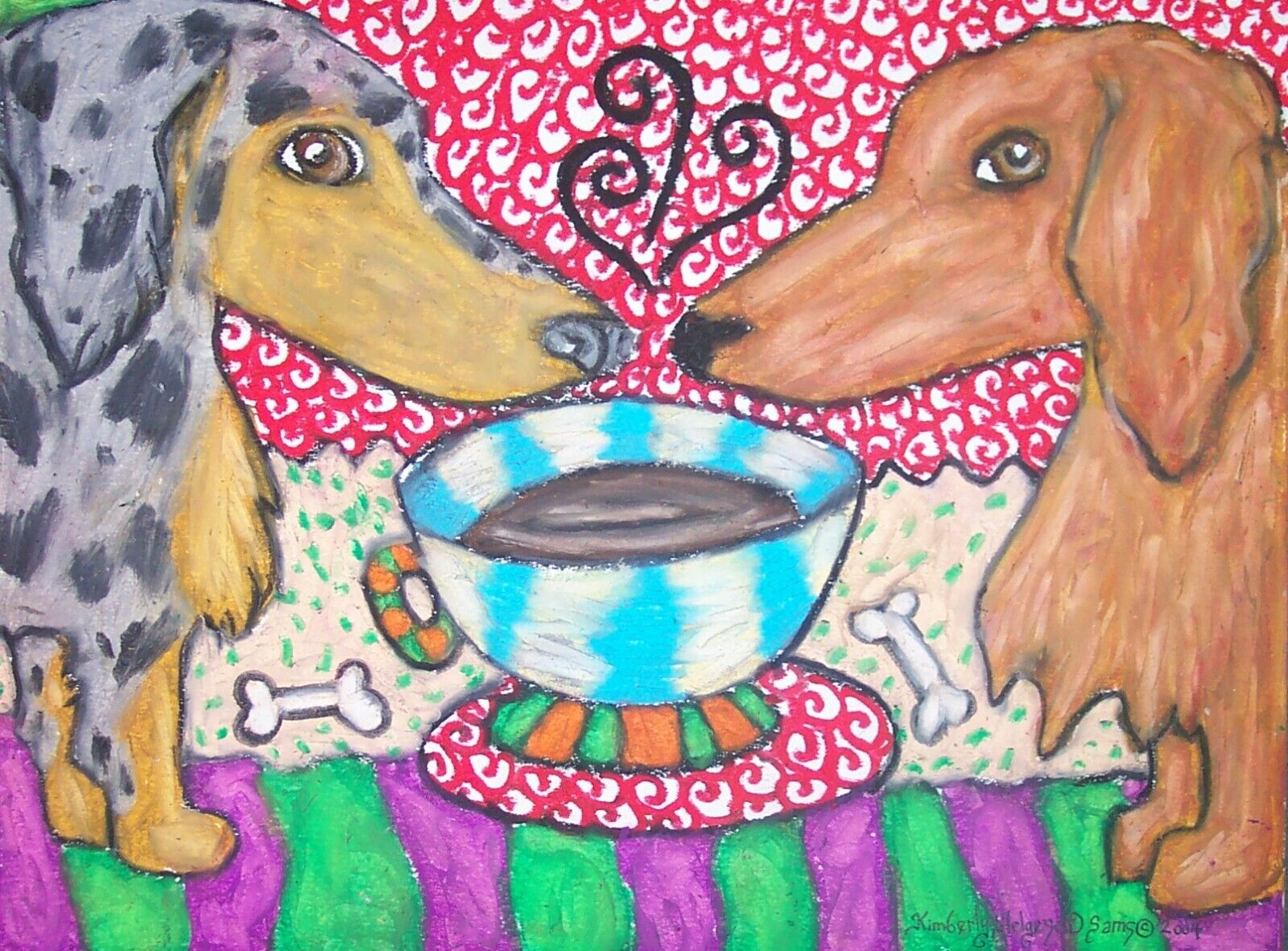 LONG HAIRED DACHSHUND Drinking Coffee Dog Pop Vintage Art 8 x 10 Signed Print
