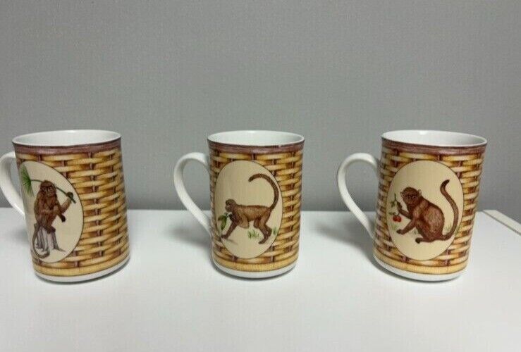 SET OF 3 American Atelier Monkey 5029 Porcelain Coffee Mugs Brown Green White