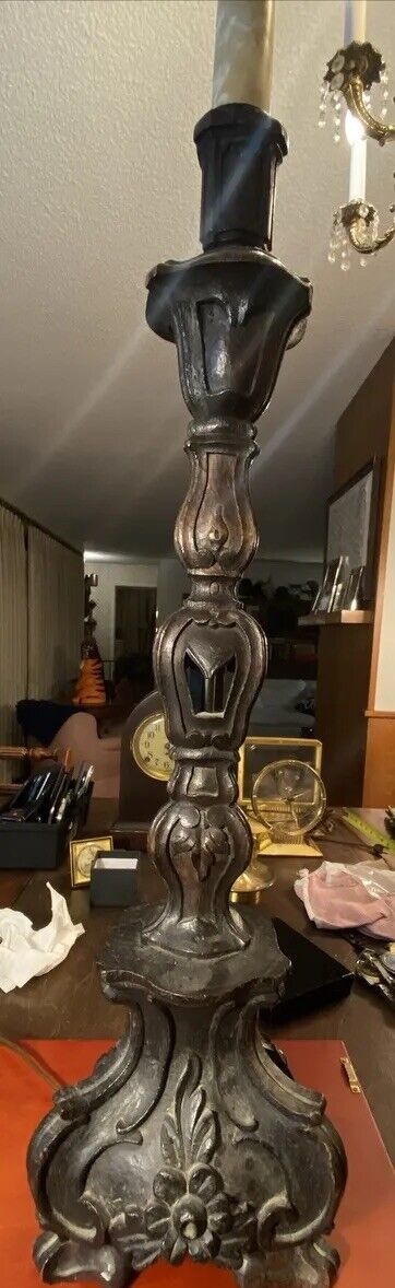 Original Antique 18th Century Baroque Rococo Carved Wood Lamp Tall Large
