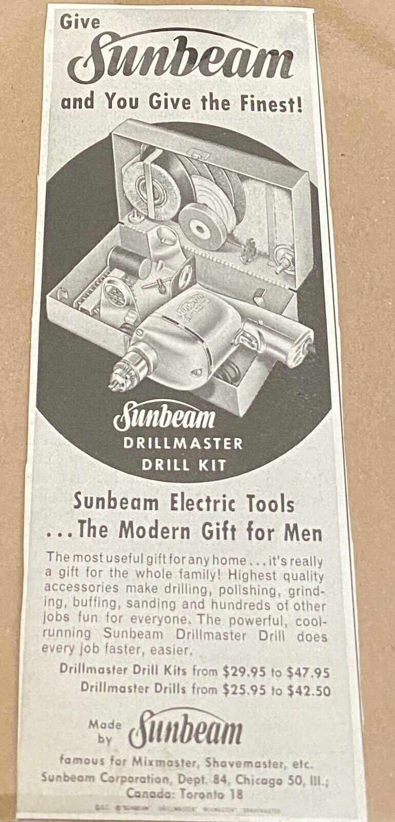 1948 Sunbeam Drillmaster Electric Tool Kit Ad