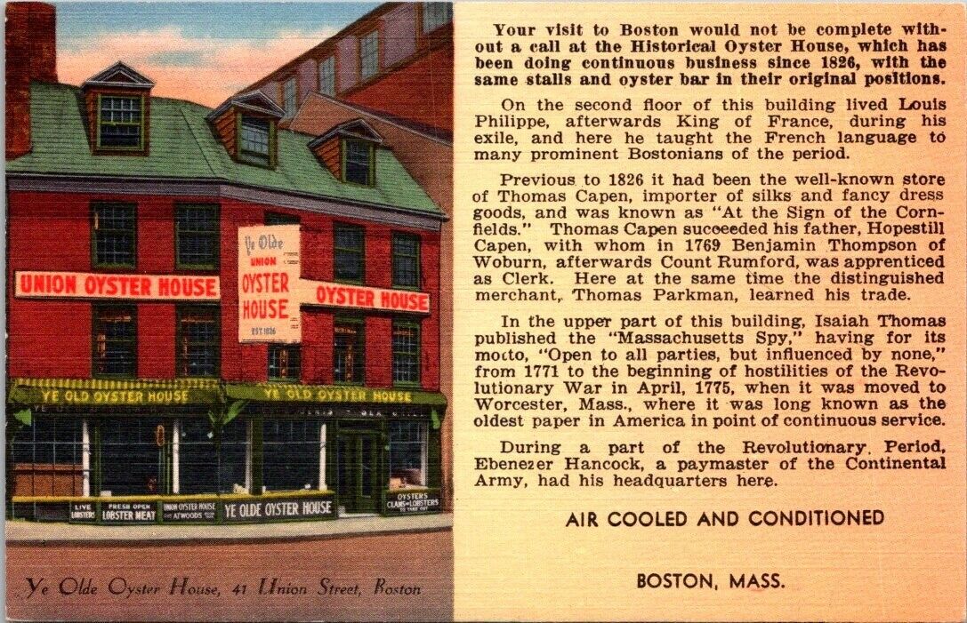 Postcard Massachusetts Boston Ye Olde Oyster House Linen Union 1930s MA Vintage