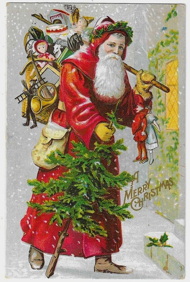 Long Red Robe Santa Claus with Tree~Toys~Antique Christmas Postcard~h846