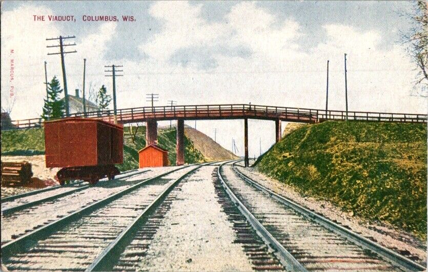 Postcard Viaduct Railroad Yard Columbus WI Wisconsin Overpass c.1907-1915  I-393