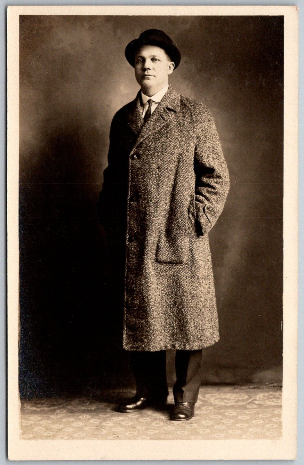 c1907 RPPC Real Photo Postcard Young Man Standing Overcoat Tie Hat