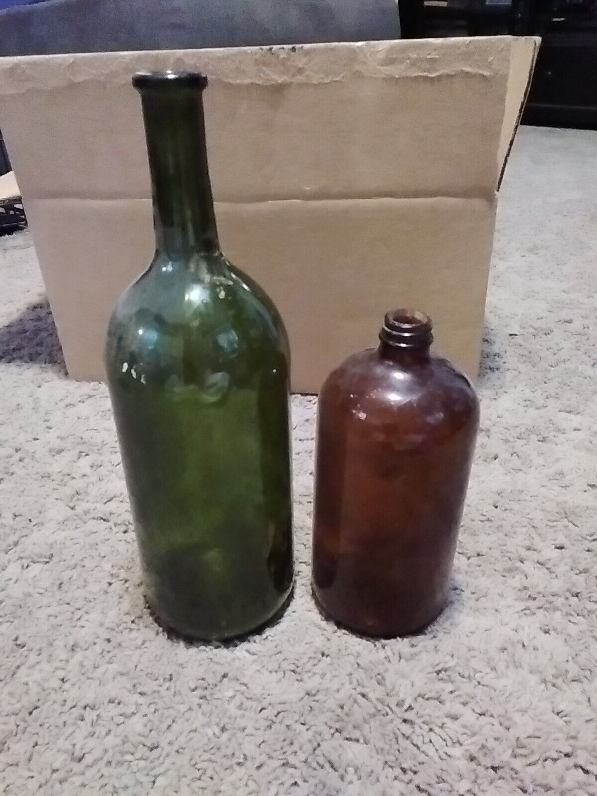 Big Old Vintage Glass Bottles Colored Collectibles 2pc